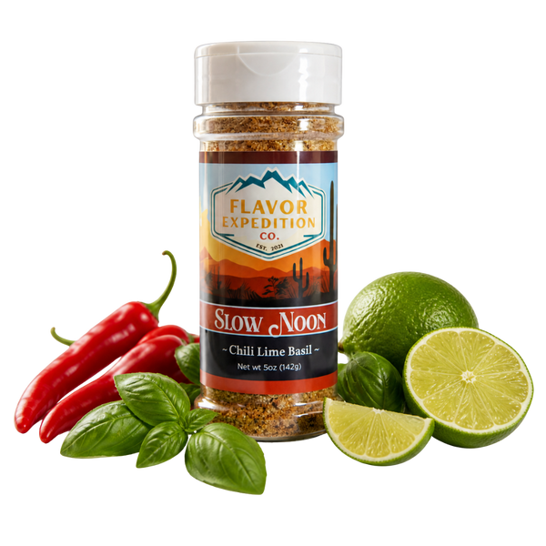 Spice jar labeled 'Flavor Expedition Co.' with chili peppers, limes, and basil on a white background
