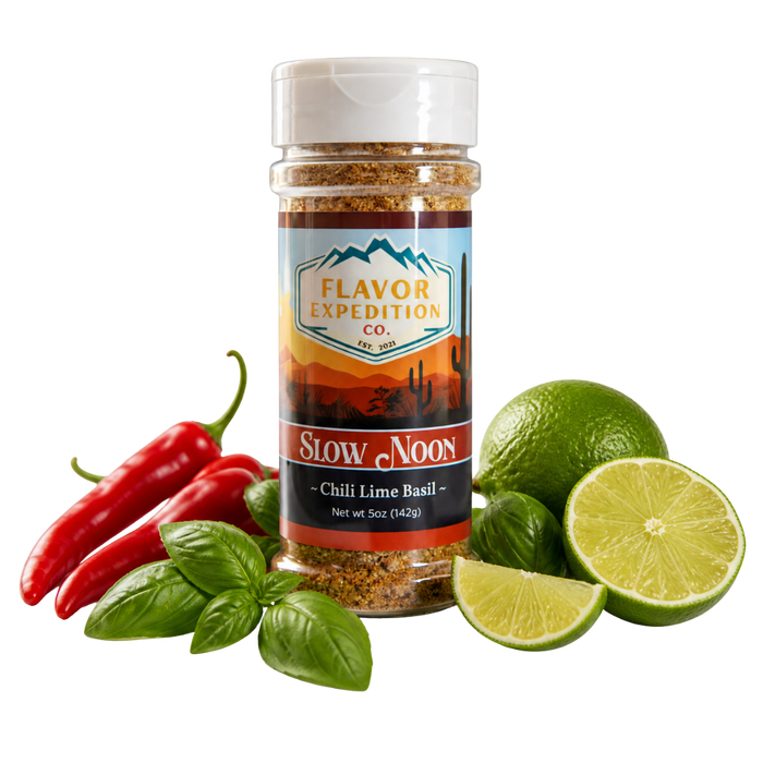 Spice jar labeled 'Flavor Expedition Co.' with chili peppers, limes, and basil on a white background