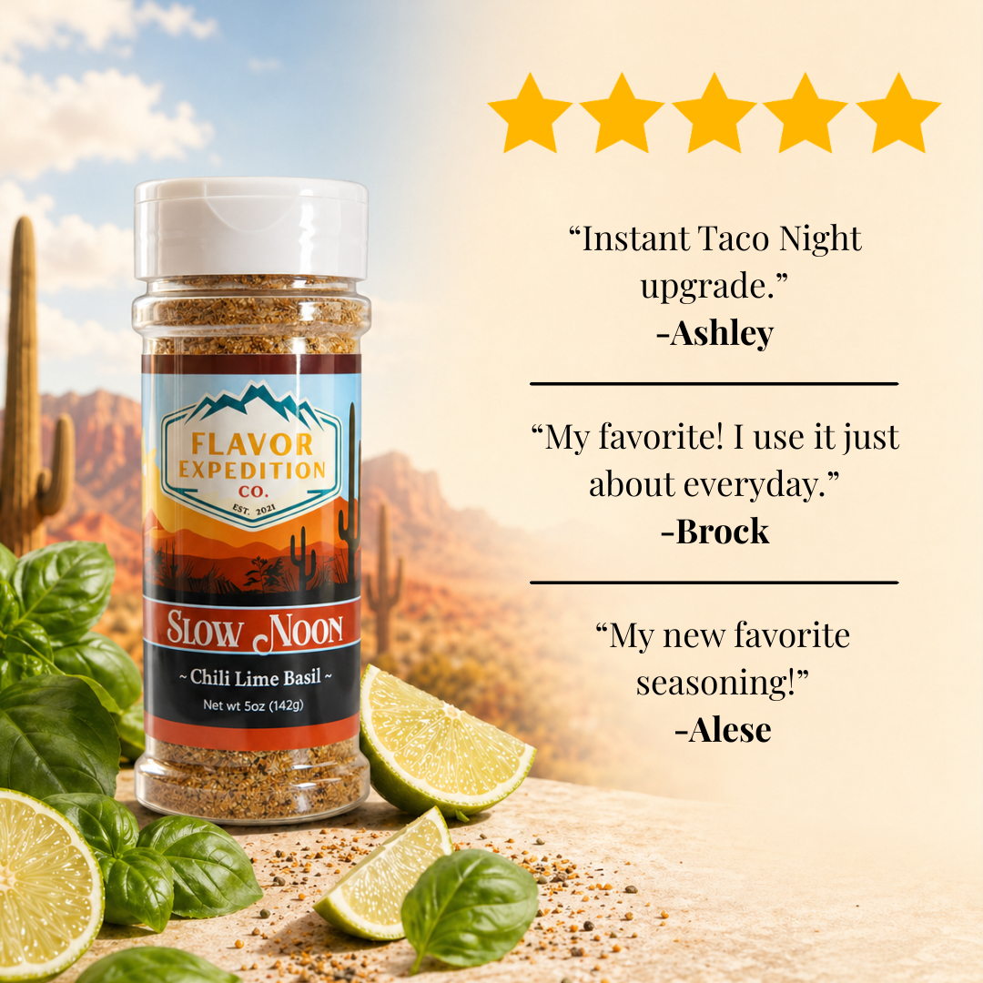Chili Lime Basil Seasoning by Flavor Expedition with customer reviews and lime, basil leaves in desert backdrop.