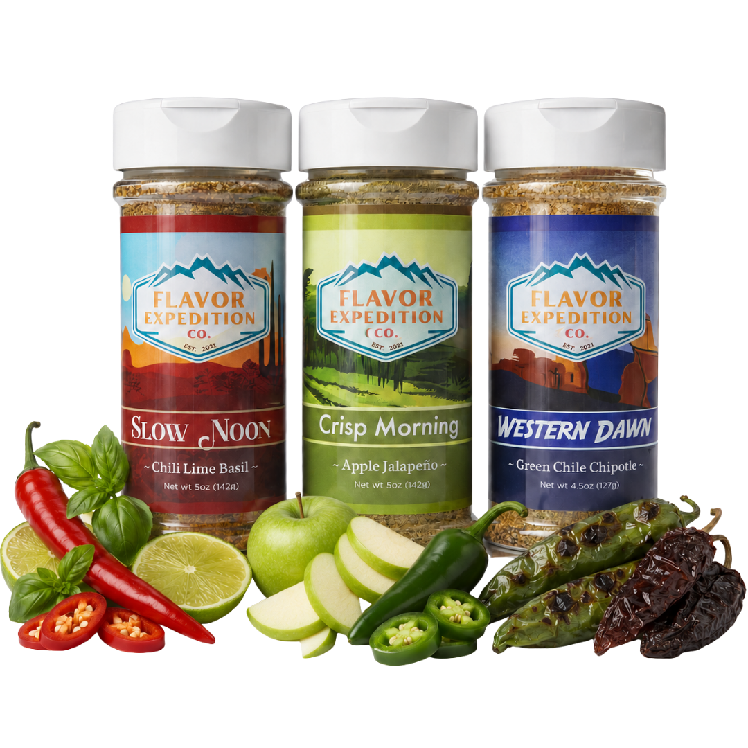 Three jars of Flavor Expedition Co. spices with ingredients like peppers and apples on a white background