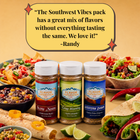 Three spice jars with colorful labels on a table with food items, featuring a quote from Randy.