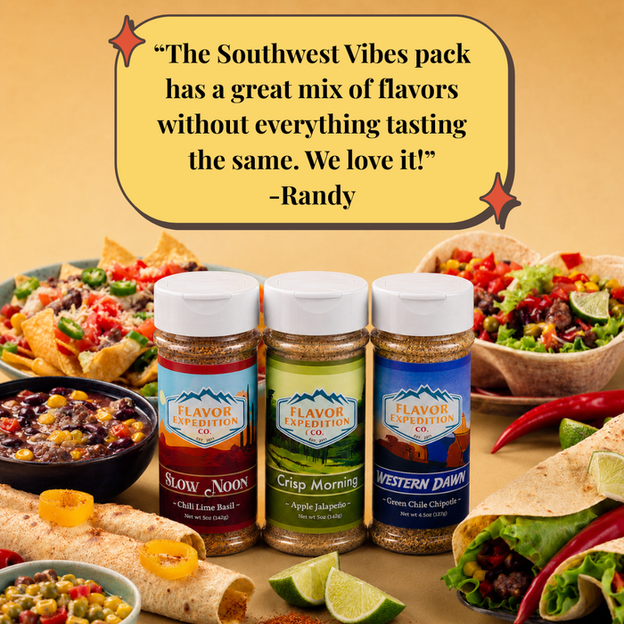 Three spice jars with colorful labels on a table with food items, featuring a quote from Randy.