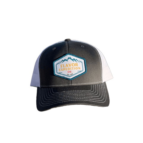Flavor Expedition Co Patch Hat - Charcoal / White adjustable hat with vibrant logo.