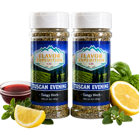 Two jars of 'Tuscan Evening' tangy herb seasoning from Flavor Expedition Co. with lemons and herbs on a white background.