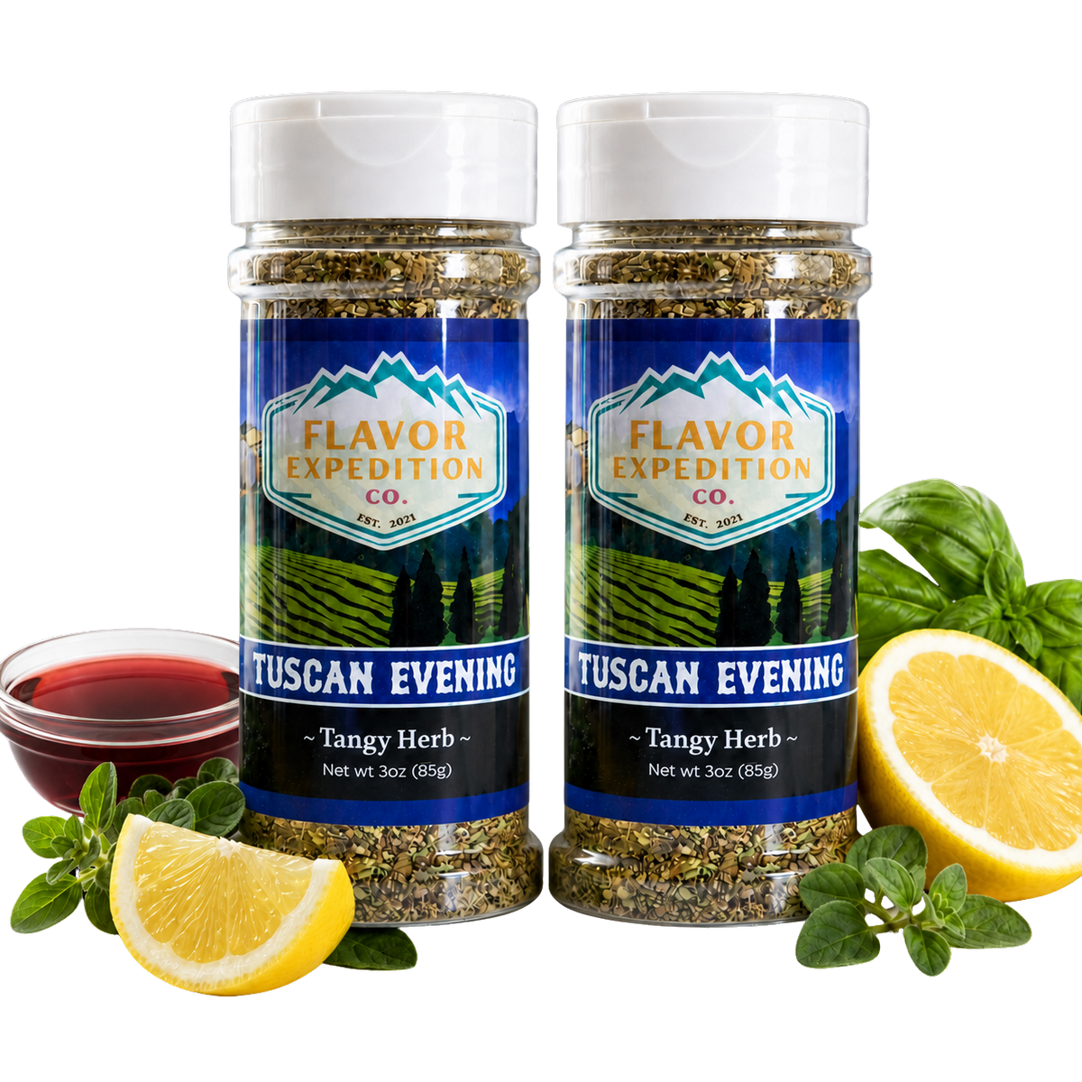 Two jars of 'Tuscan Evening' tangy herb seasoning from Flavor Expedition Co. with lemons and herbs on a white background. [pack-2]