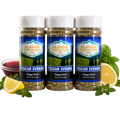 Three jars of Flavor Expedition Tuscan Evening Tangy Herb seasoning with lemons and herbs on a white background.