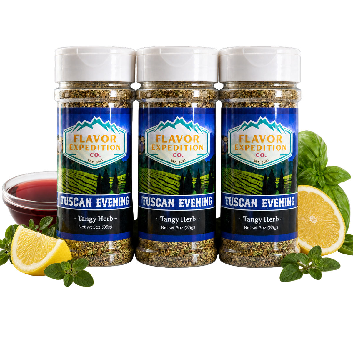 Three jars of Flavor Expedition Tuscan Evening Tangy Herb seasoning with lemons and herbs on a white background. [pack-3]