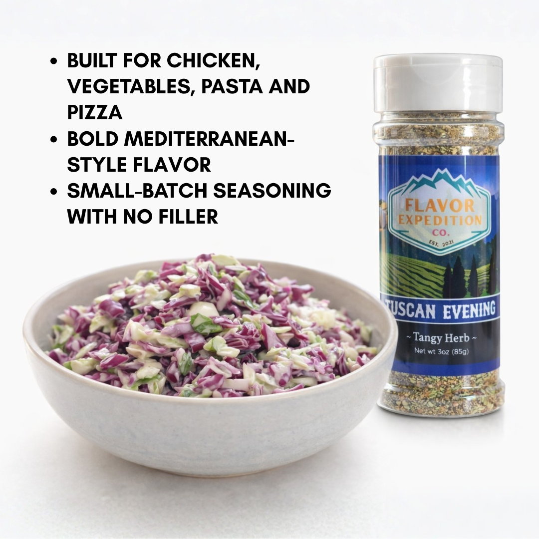 Tangy Herb Seasoning enhances chicken, vegetables, pasta, and pizza with bold Mediterranean-style flavor.