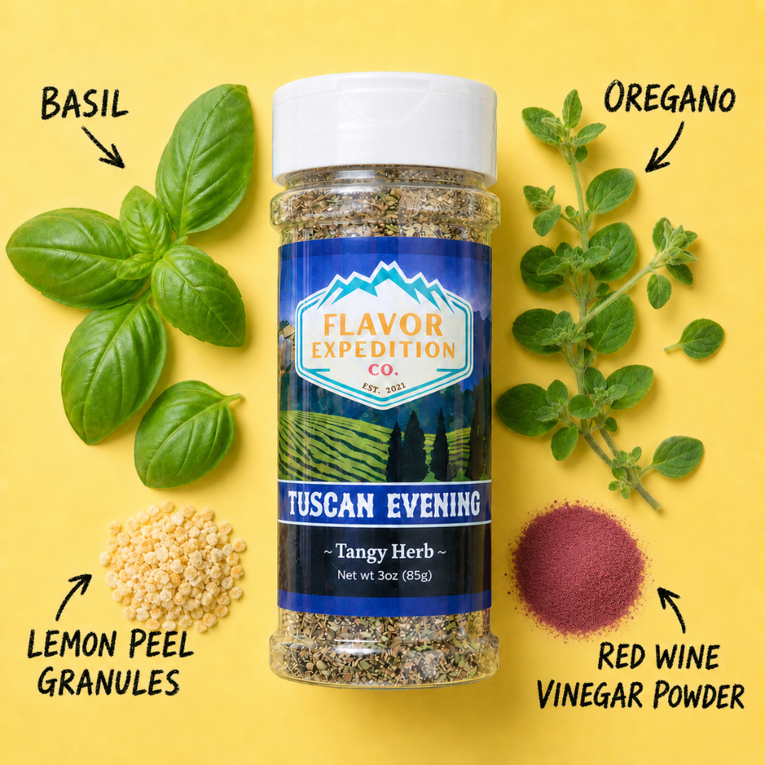 Tangy Herb Seasoning - Tuscan Evening with basil, oregano, lemon peel granules, and red wine vinegar powder.