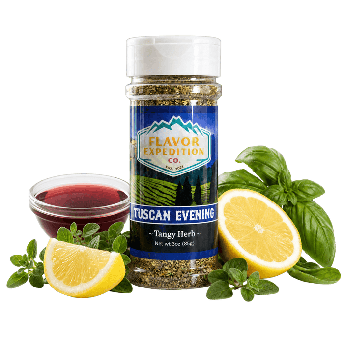 Flavor Expedition Co. Tuscan Evening spice jar with lemons, basil, and a glass of red wine on a white background