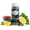 Flavor Expedition Co. Tuscan Evening spice jar with lemons, basil, and a glass of red wine on a white background