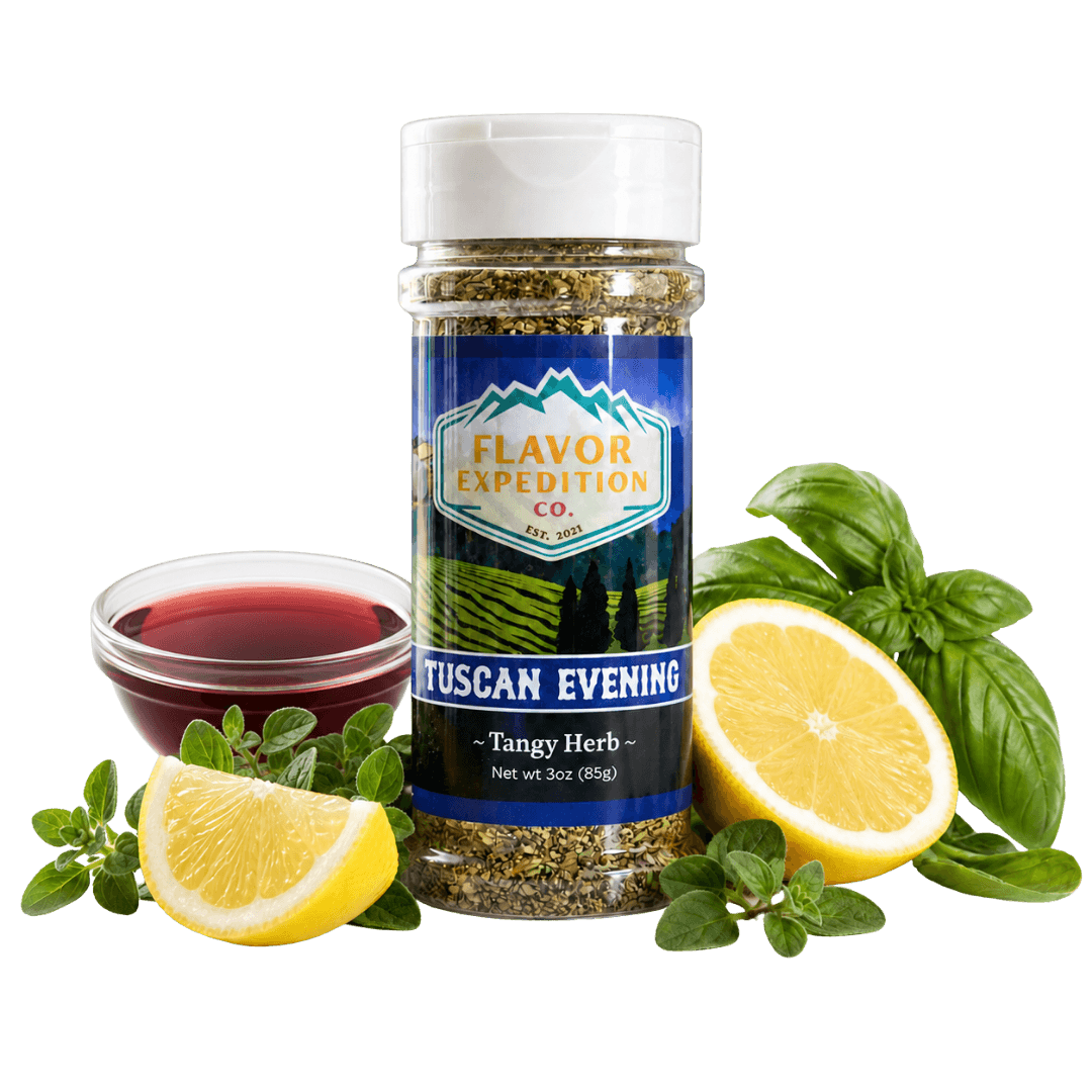 Tangy Herb Seasoning bottle with herbs and lemon, showcasing Tuscan Evening flavor. [pack-1]