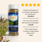 Spice jar with customer reviews and five-star rating on a scenic background