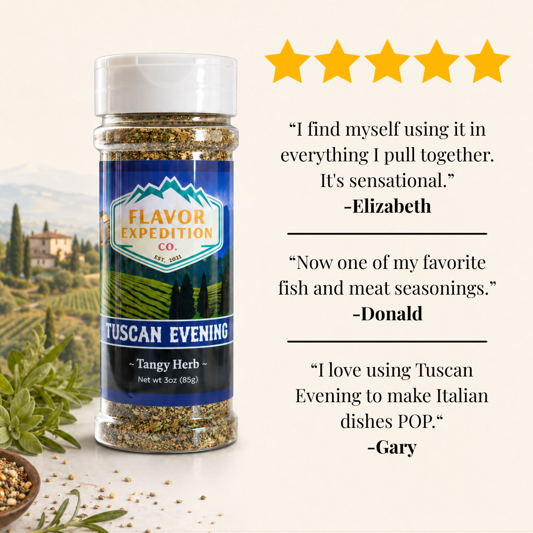 Tangy Herb Seasoning - Tuscan Evening bottle with customer reviews and a Tuscan landscape backdrop.