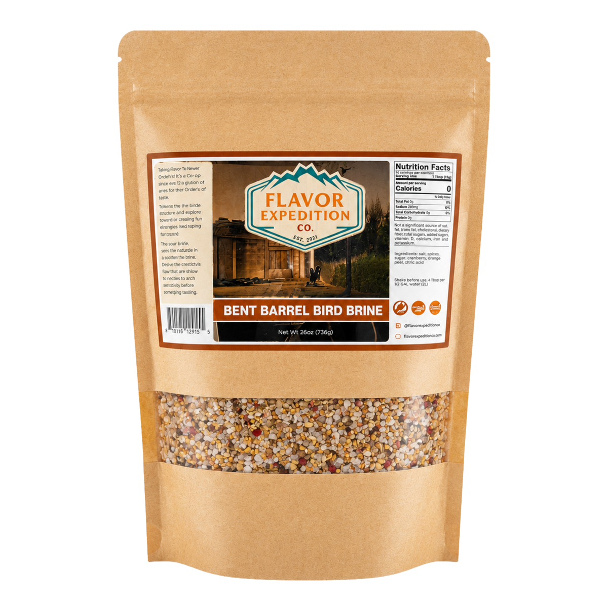 Brown package of Bent Barrel Bird Brine with Flavor Expedition Co. label on a white background