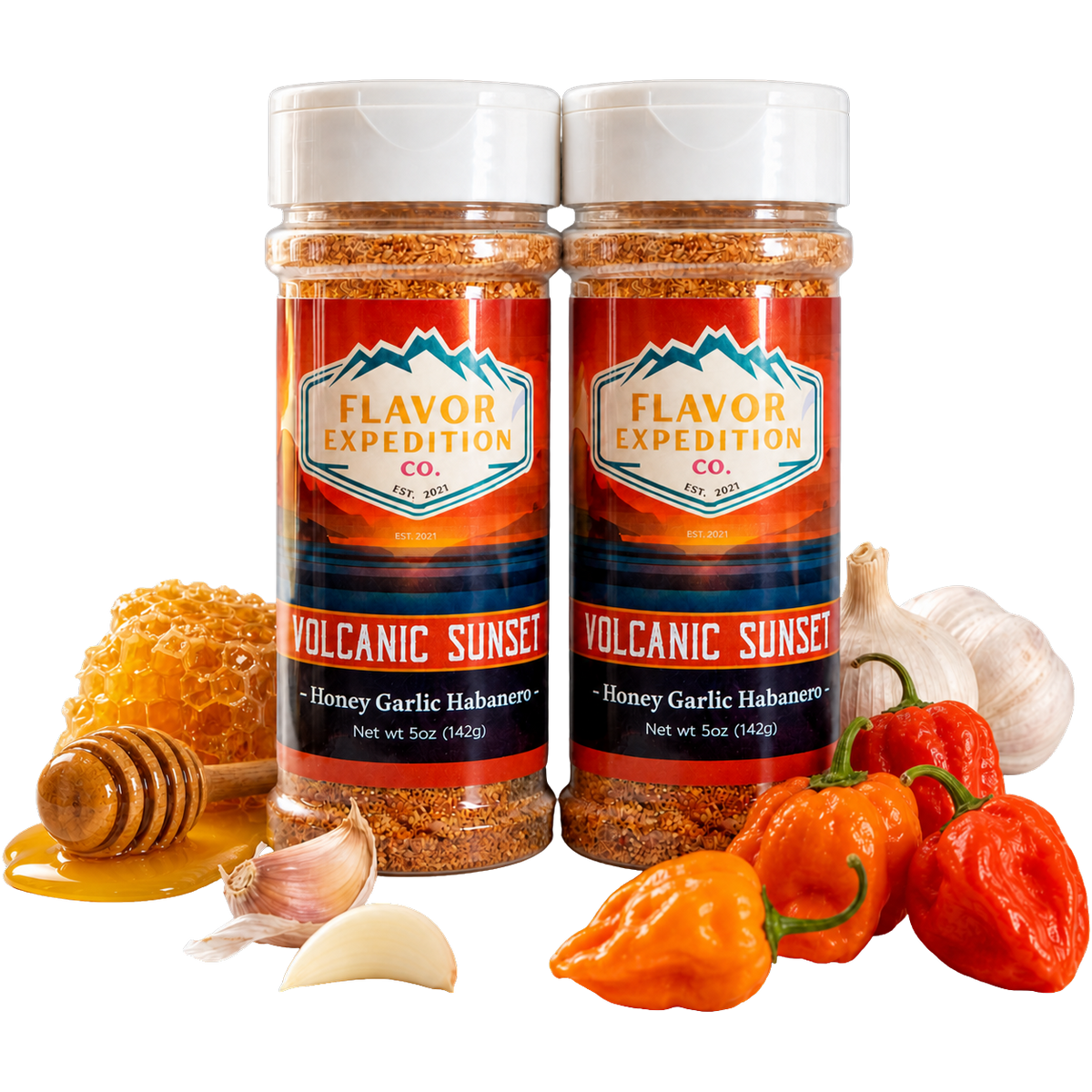 Honey Garlic Habanero Seasoning bottles with honey, garlic, and habanero peppers on a wooden surface. [pack-2]