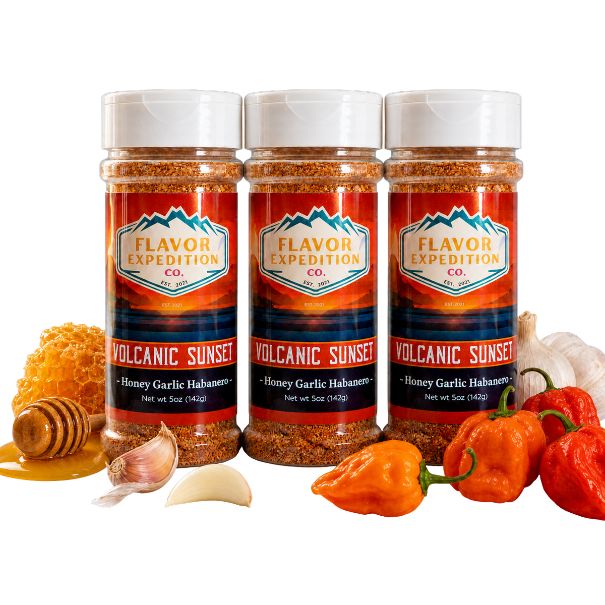 Honey Garlic Habanero Seasoning - Volcanic Sunset trio bottles with garlic and habanero peppers. [pack-3]