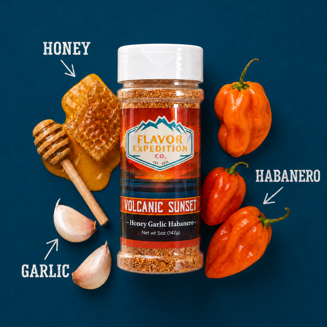 Honey Garlic Habanero Seasoning bottle with honey, garlic, and habanero peppers on blue background.