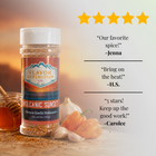 Spice jar with reviews and ingredients on a wooden surface
