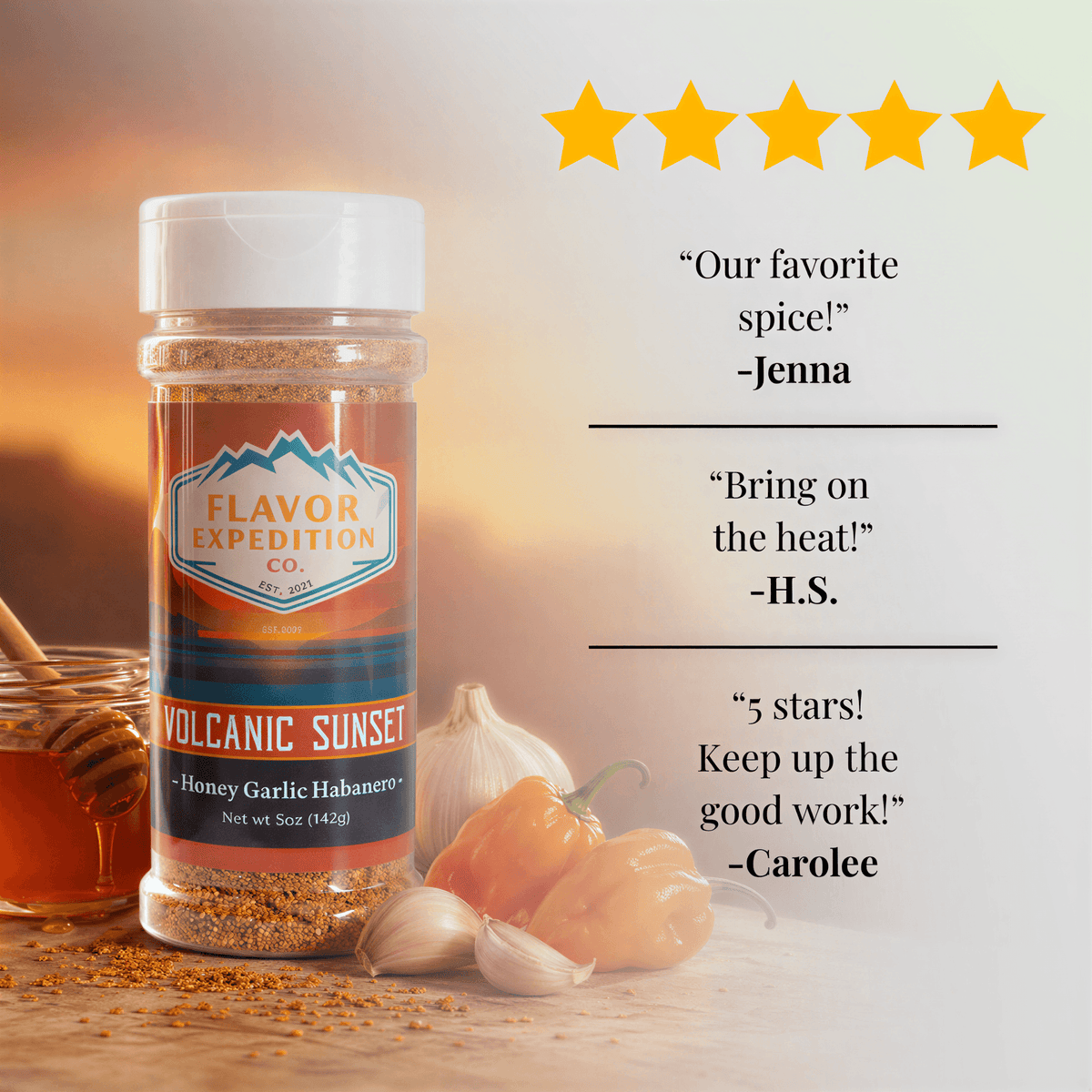 Honey Garlic Habanero Seasoning - Volcanic Sunset spice jar with customer reviews and 5-star rating.