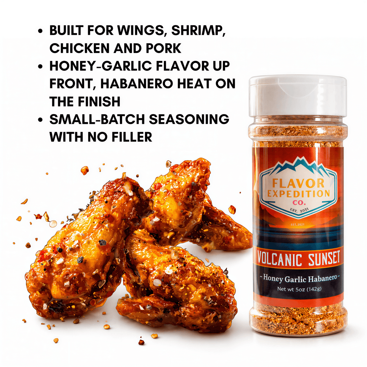 Honey Garlic Habanero Seasoning for wings, shrimp, chicken, and pork with sweet and spicy flavor.