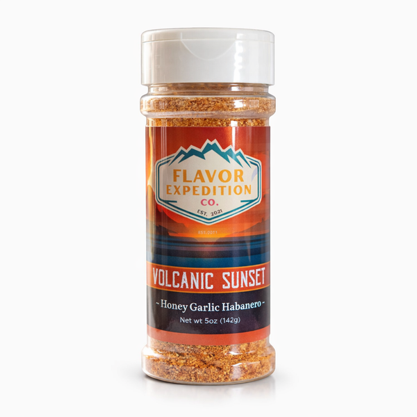Spice jar labeled 'Volcanic Sunset' by Flavor Expedition Co. on a white background