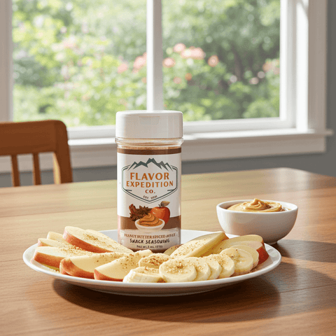 Flavor Expedition Co. seasoning jar on a table with fruit and dip.