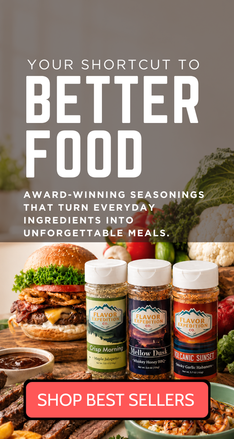 Promotional banner for Flavor of the Land seasoning blends, featuring three spice bottles in front of a burger and vegetables, with text reading 'YOUR SHORTCUT TO BETTER FOOD' and 'SHOP BEST SELLERS'.