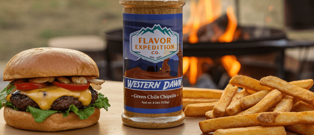 Burger, fries, and a jar of 'Western Dawn' seasoning on a wooden table with a campfire in the background.