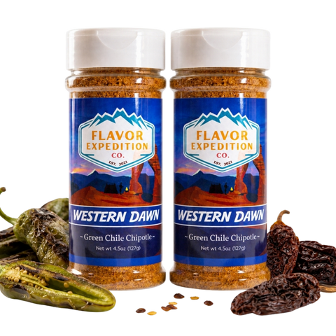 Two bottles of Flavor Expedition Co. Western Dawn Green Chile Chipotle seasoning with peppers and chilies on a white background.