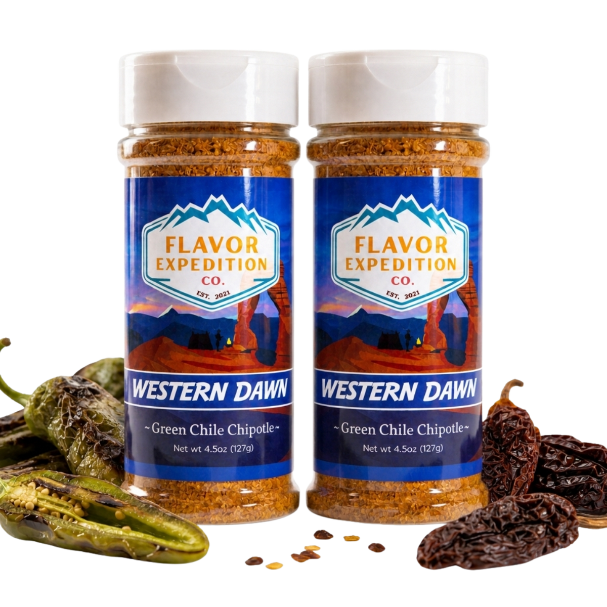 Two bottles of Flavor Expedition Co. Western Dawn Green Chile Chipotle seasoning with peppers and chilies on a white background. [pack-2]