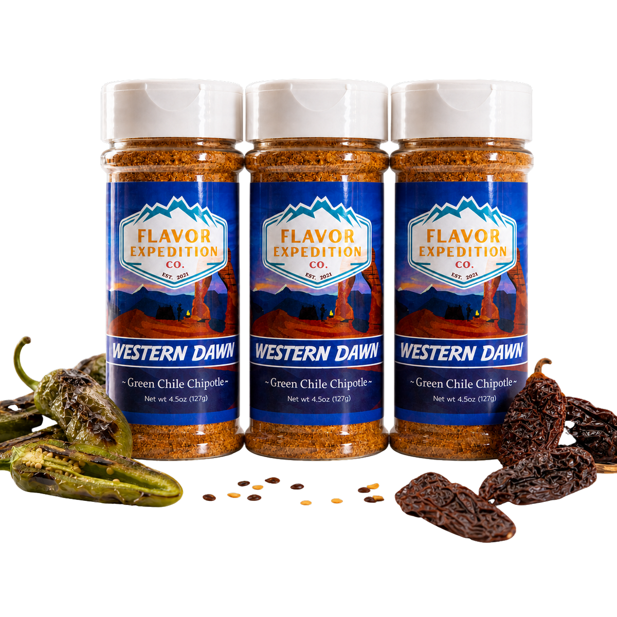 Three bottles of Flavor Expedition Co. Western Dawn Green Chile Chipotle seasoning with peppers and raisins on a white background. [pack-3]