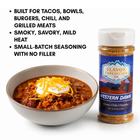 Bowl of chili with a jar of 'Western Dawn' seasoning from Flavor Expedition Co.