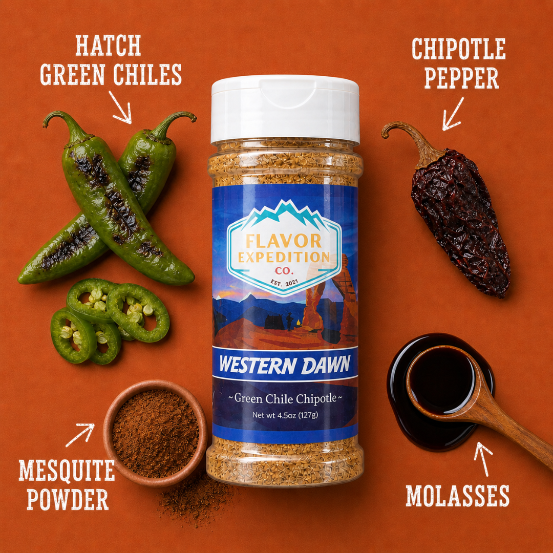 Green Chile Chipotle Seasoning from Flavor Expedition Co. with Hatch green chiles, chipotle pepper, mesquite powder, and molasses.