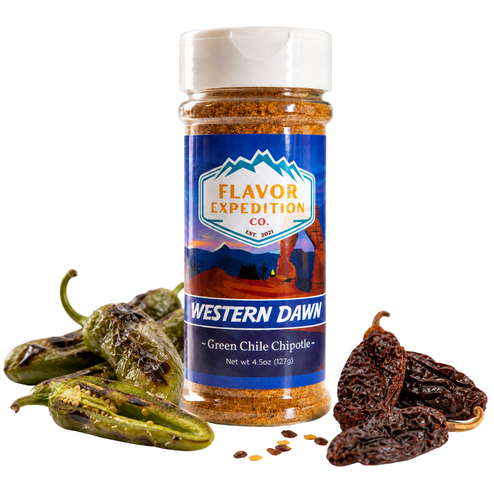 Bottle of Flavor Expedition Co. Western Dawn Green Chile Chipotle spice with green chilies and prunes on a white background