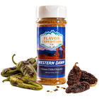 Bottle of Flavor Expedition Co. Western Dawn Green Chile Chipotle spice with green chilies and prunes on a white background