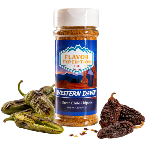 Bottle of Flavor Expedition Co. Western Dawn Green Chile Chipotle spice with green chilies and prunes on a white background