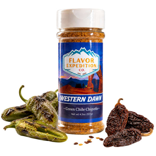 Bottle of Flavor Expedition Co. Western Dawn Green Chile Chipotle spice with green chilies and prunes on a white background
