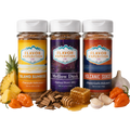 Three jars of Flavor Expedition Co. spices with ingredients like pineapple, garlic, and peppers on a white background.