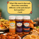 Three spice jars with colorful labels on a table with food in the background, featuring a quote from Carol.