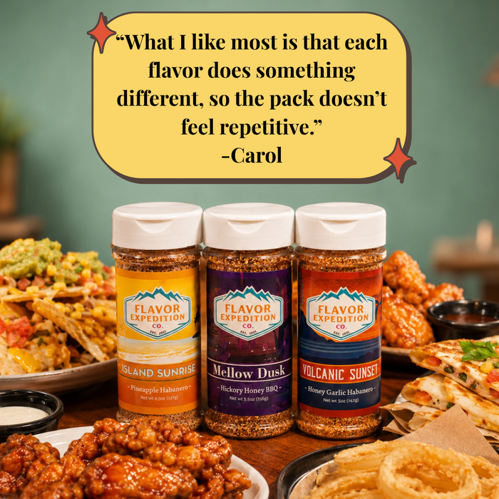 Three spice jars with colorful labels on a table with food in the background, featuring a quote from Carol.