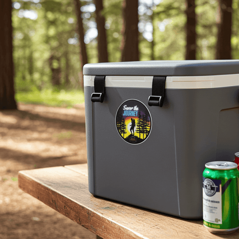 Twilight Journey Sticker on a cooler in a forest setting capturing adventure and golden-hour magic.