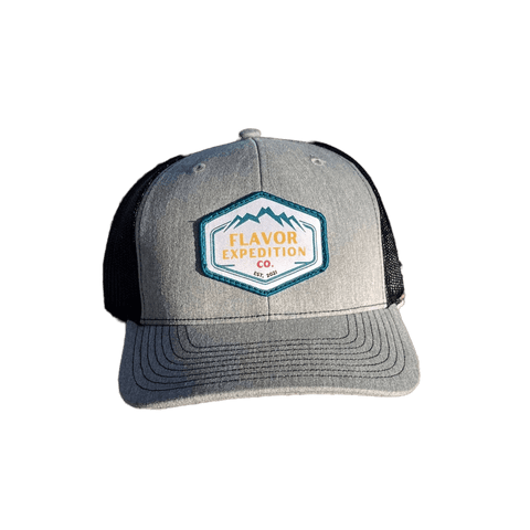 Flavor Expedition Co Patch Hat - Heather Grey / Black with vibrant logo, adjustable hat for flavor explorers.