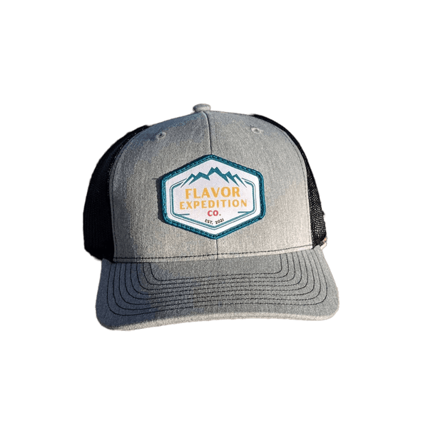 Flavor Expedition Co Patch Hat - Heather Grey / Black with vibrant logo, adjustable hat for flavor explorers.