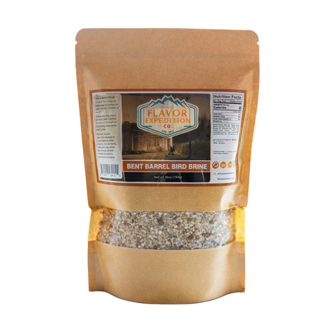 Bag of 'Bent Barrel Bird Brine' with 'Flavor Expedition Co.' label on a white background