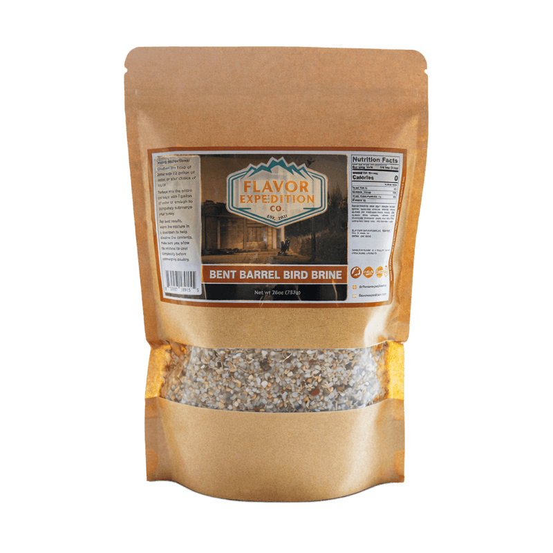 Bag of 'Bent Barrel Bird Brine' with 'Flavor Expedition Co.' label on a white background