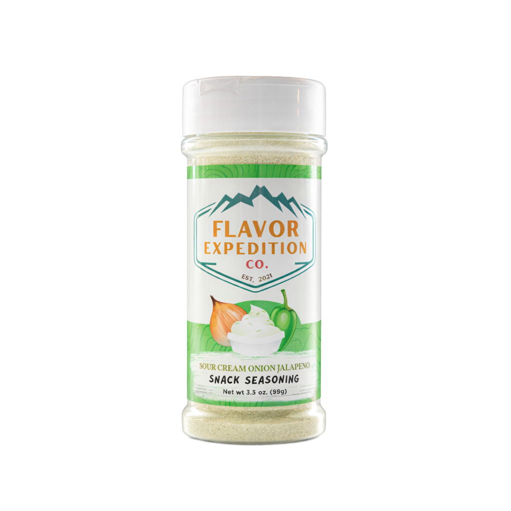 Snack seasoning container with 'Flavor Expedition Co.' label on a white background