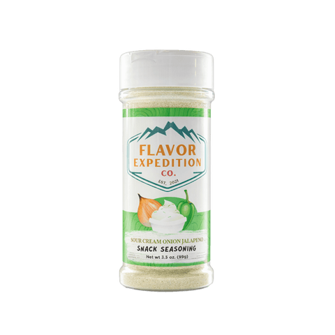 Snack seasoning container with 'Flavor Expedition Co.' label on a white background