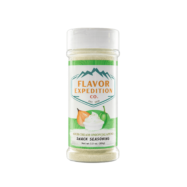 Snack seasoning container with 'Flavor Expedition Co.' label on a white background