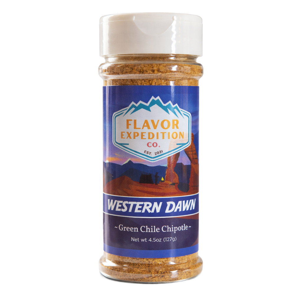 Green Chile Chipotle Seasoning by Western Dawn in a clear spice jar, showcasing southwestern flavors and aroma.